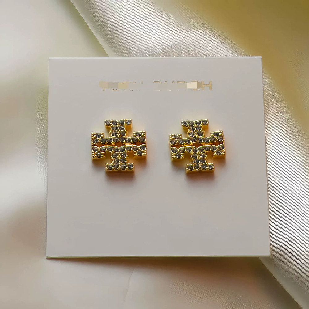 Tory Burch Tory Burch Gold Plated Full Rhinestone Cross Stud Earrings